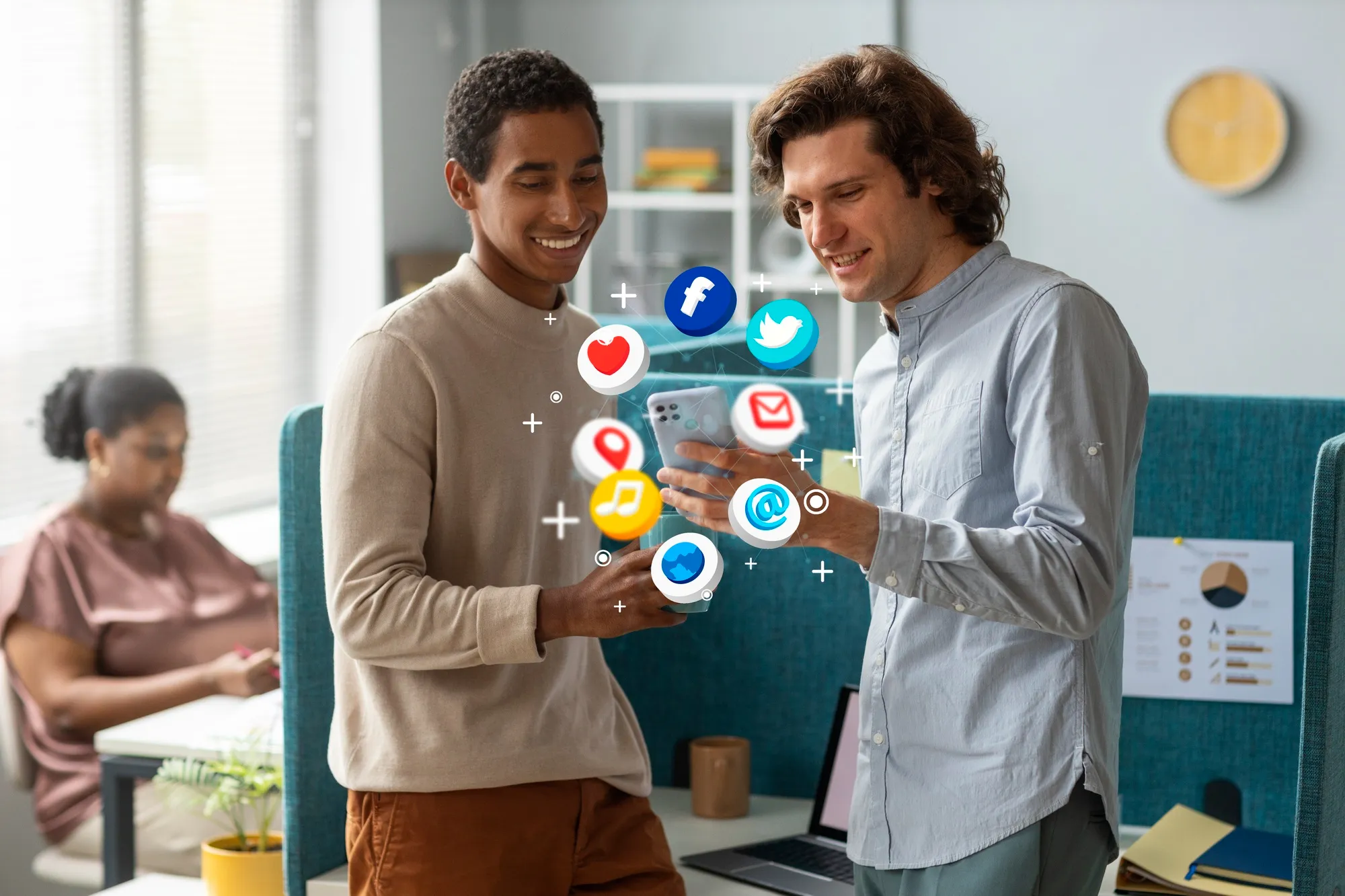 Mobile app development illustration with floating UI elements